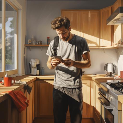 realistic art, a man on the mobile phone while cleaning a beautiful bright modern wooden kitchen