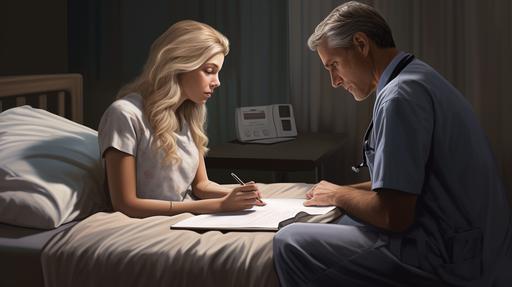 realistic attractive blond girl in her bed in hospital room with her doctor signing a document --ar 16:9