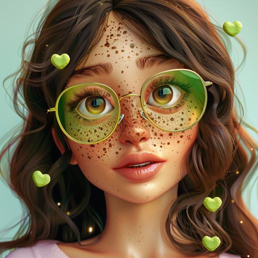 realistic avocado person who is a girl with freckles round face and silver framed hearts shaped reading glasses brown eyes medium brown hair shoulder length who is wearing pink --v 6.0