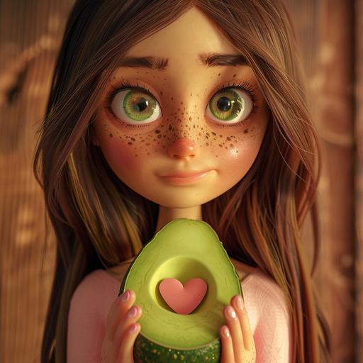 realistic avocado person who is a girl with freckles and hearts in her eyes medium brown hair to thr shoulder length who is wearing pink and has feet with toes and pink toe nail polish