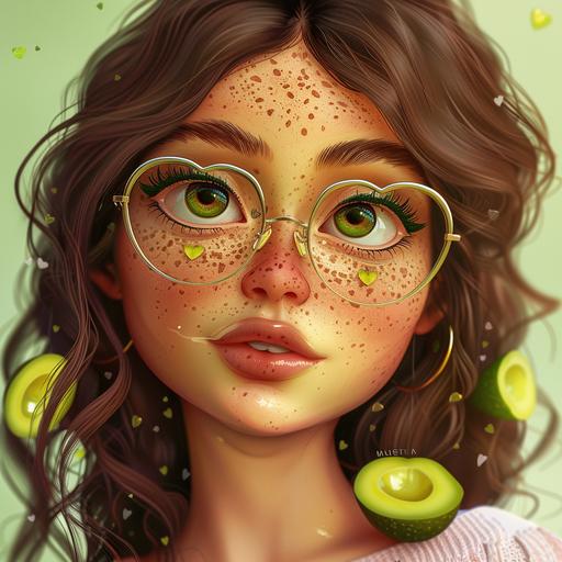 realistic avocado person who is a girl with freckles round face and silver framed hearts shaped reading glasses brown eyes medium brown hair shoulder length who is wearing pink --v 6.0