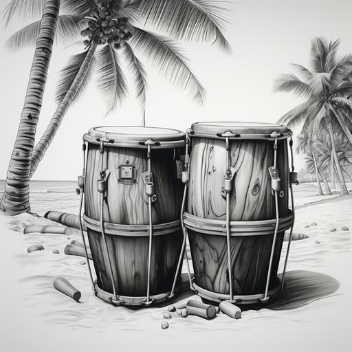 realistic black and grey illustration of Puerto Rican drums on a tropical beach, tattoo design