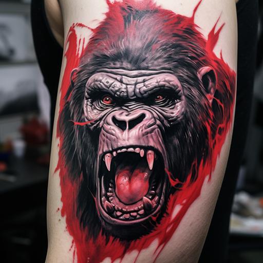 realistic black and white tattoo, gorilla face with a red scare. Mean looking