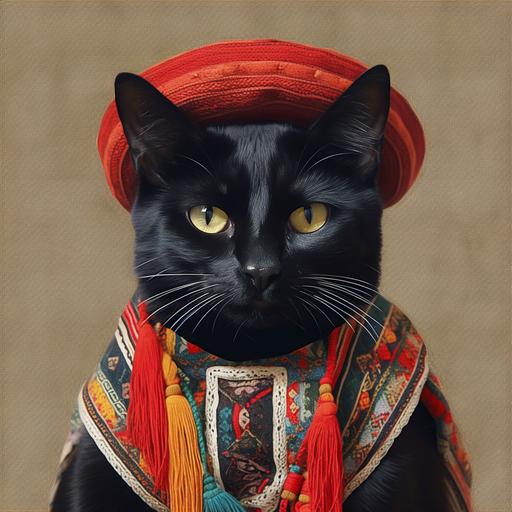 realistic black cat wearing traditional Peruvian cultural dress- portrait ratio A4