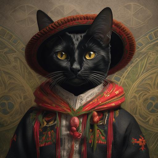 realistic black cat wearing traditional Peruvian cultural dress- portrait ratio A4