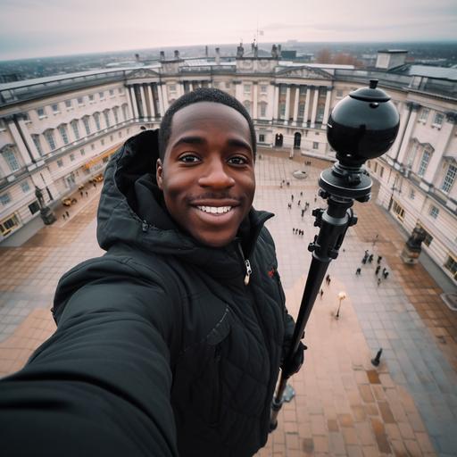 realistic black man aerial dynamic rooftopper climbing high up on top of buckingham palace london hyperreal 8k sharp focus selfie stick style photo 4k realistic colorful