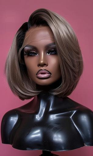 realistic black mannequin head with makeup with beautiful ash blonde bob wig include pink background with silver pastels --ar 3:5