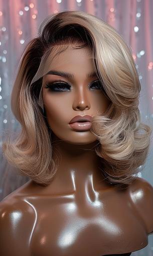 realistic black mannequin head with makeup with beautiful ash blonde bob wig include pink background with silver pastels --ar 3:5 --v 6.0