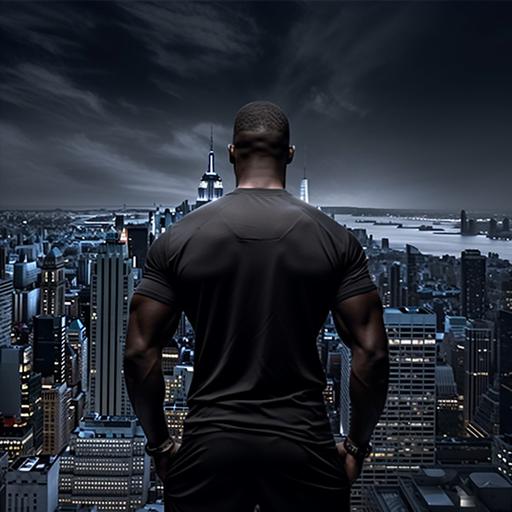 realistic black muscles build man dress casual standing on top of the roof skyscrapers over looking new York city view at night