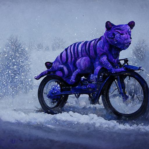 realistic blue tiger riding a realistic purple bike in the snow while it’s snowing