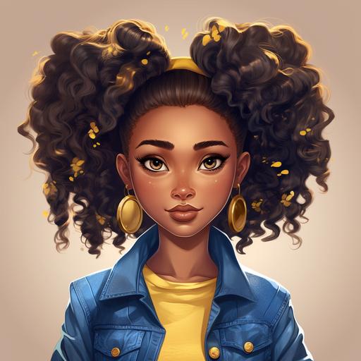realistic cartoon african girl with denim clothing and different hair styles, beautiful eyes, stunning skin, yellow bow