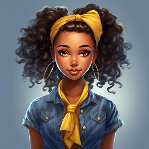 realistic cartoon african girl with denim clothing and different hair styles, beautiful eyes, stunning skin, yellow bow