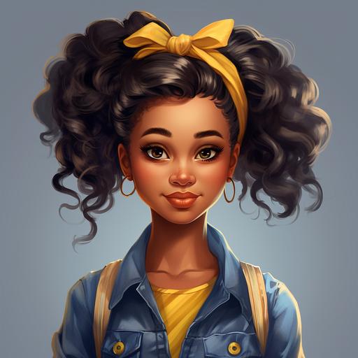 realistic cartoon african girl with denim clothing and different hair styles, beautiful eyes, stunning skin, yellow bow