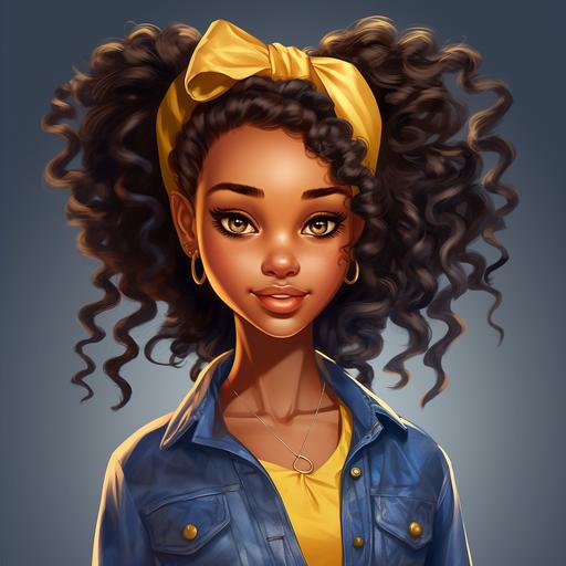 realistic cartoon african girl with denim clothing and different hair styles, beautiful eyes, stunning skin, yellow bow