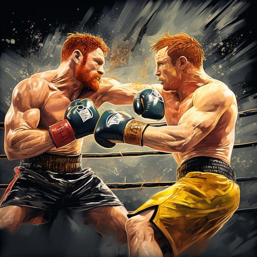 realistic cartoon, boxing, mexico, saul canelo alvarez, gold boxing gloves, punching the punch shield with Eddy Reynoso