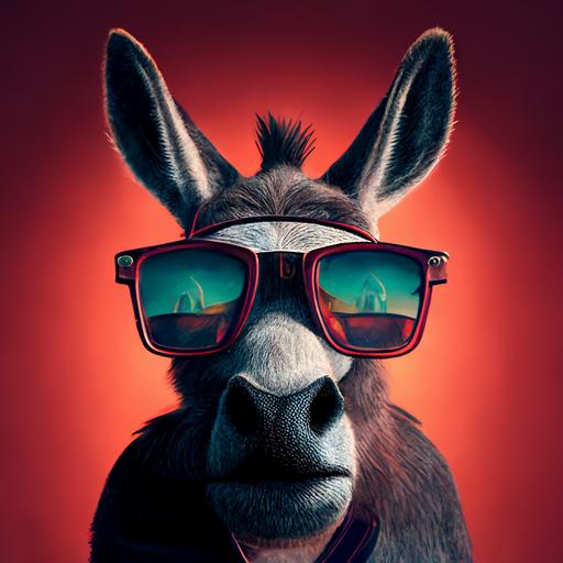 realistic cartoon style - a donkey is looking into the camera lens. He has a lit cigarette hanging out of his mouth is wearing sunglasses. He has a smirk on his face, and he is in front of a movie theater