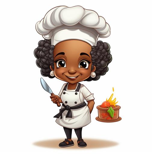 realistic chibi style clipart illustration full length composition of an older beautiful mature African American woman with flawless skin long hair long lashes makeup smiling and inviting wearing her apron and chef's hat and apron and holding a pot of food a little has wasted on her apron, vibrant and saturated colors, white background, no background
