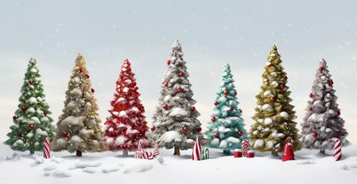 realistic christmas trees snowy scean with candy canes, mistle toe in traditional red, green, silver, gold christmas colors on a white background --ar 293:151