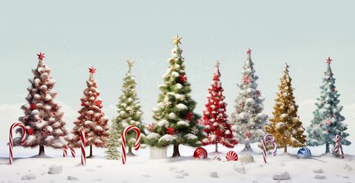 realistic christmas trees snowy scean with candy canes, mistle toe in traditional red, green, silver, gold christmas colors on a white background --ar 293:151