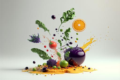 realistic, cinematic lighting, green light spot, scatter the elements in the scene, seen from the front, oranges, blackberries, artichoke leaves, eggplant, purple capsules, ginger, yellow capsules, Ginseng, some green leaves floating, a big water drop, splash water, white base, white background 4k --v 4 --ar 3:2