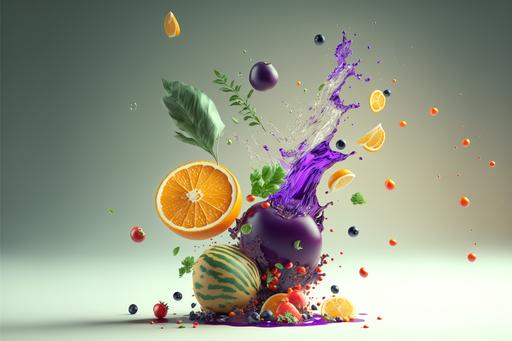 realistic, cinematic lighting, green light spot, scatter the elements in the scene, seen from the front, oranges, blackberries, artichoke leaves, eggplant, purple capsules, ginger, yellow capsules, Ginseng, some green leaves floating, a big water drop, splash water, white base, white background 4k --v 4 --ar 3:2