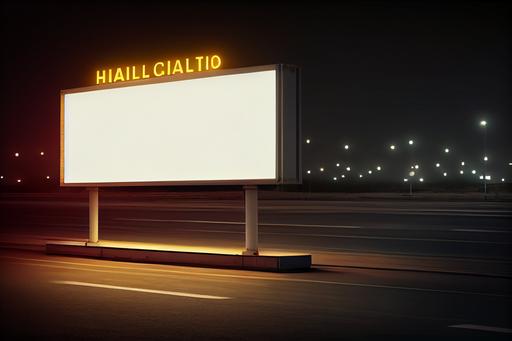 realistic cinematic photography. Mockup blank white horizontal sign at the airport, night traffic lights --ar 3:2 --q 2 --upbeta --v 4 --s 750