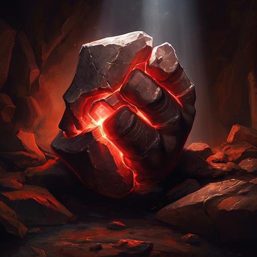 realistic close up painting of an ancient relic in the shape of a small stone fist that's glowing red. Underground temple.