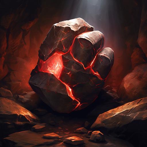 realistic close up painting of an ancient relic in the shape of a small stone fist that's glowing red. Underground temple.
