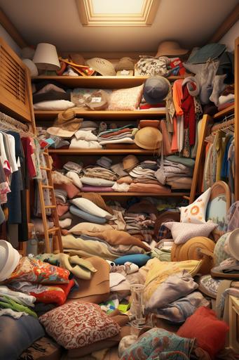 realistic cluttered closet overflowing with throw pillows, Ultra high definition, canon EOS 5D high resolution, intricate details --ar 2:3