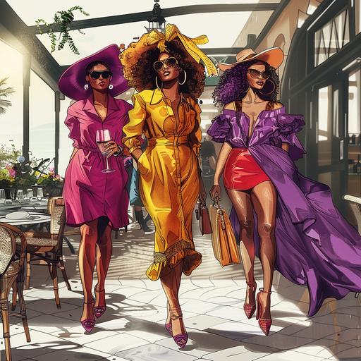 realistic colored ladies with beautiful modern clothing walking together in a brunch settings, whole body, excitement