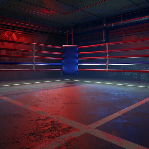 realistic coner inside corner of an empty boxing ring dark colors red blue white --v 6.0