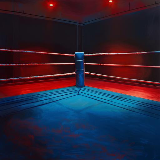 realistic coner inside corner of an empty boxing ring dark colors red blue white --v 6.0