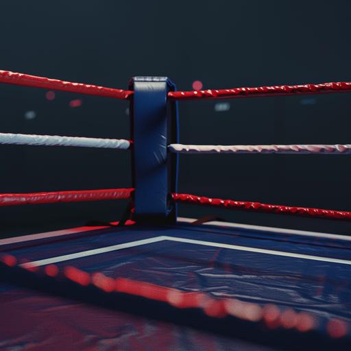 realistic coner inside corner of an empty boxing ring dark colors red blue white --v 6.0