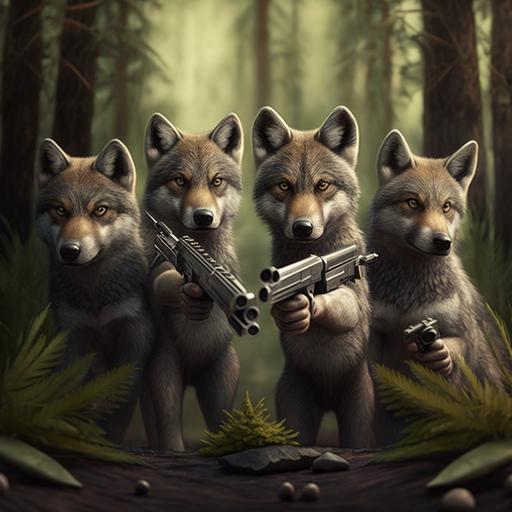 realistic, cute, four wolfs, funny, forest, gun