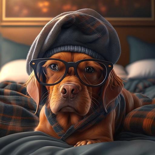realistic dog with glasses,hat, pajamas