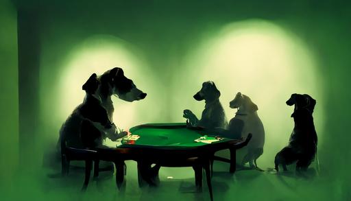 realistic dogs playing poker by henri matisse, dark room, strong center light, smoky atmospheric lighting, green highlights, --ar 16:9