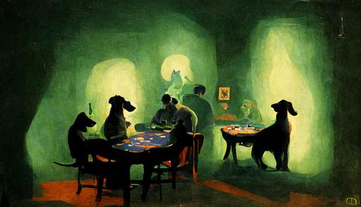 realistic dogs playing poker by henri matisse, dark room, strong center light, smoky atmospheric lighting, green highlights, --ar 16:9