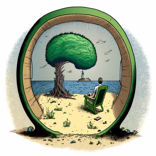 realistic drawing of the confused person locked on the desert island on the psychologist chair, seeing green pine trees forest, prosperity and happiness through the mind window ,include river, mental health first aider, toys, work, hope, tunnel