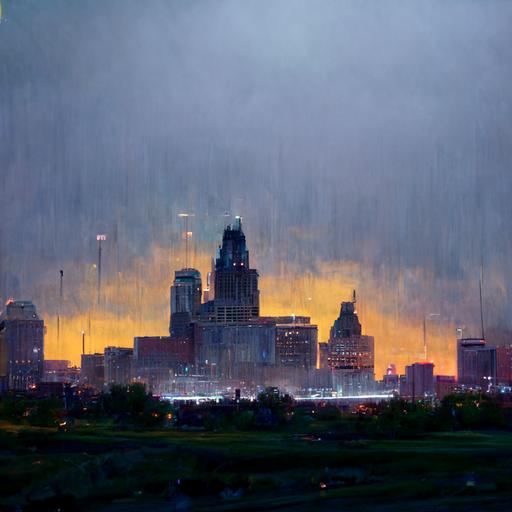 realistic, futuristic, Kansas City skyline, dusk, rainy