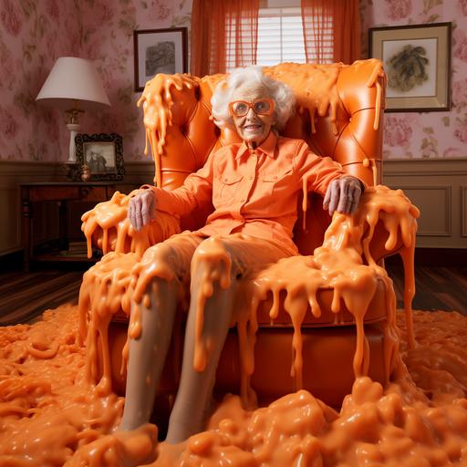 realistic grandma sitting in cartoon orange slime living room sitting in her one chair