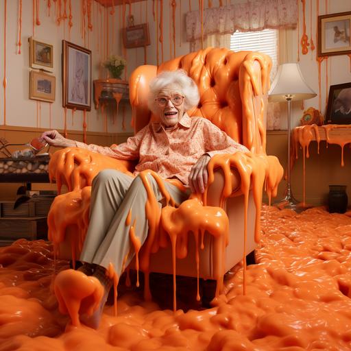 realistic grandma sitting in cartoon orange slime living room sitting in her one chair