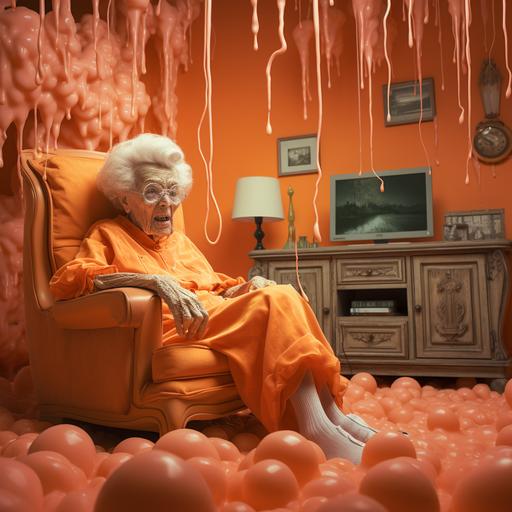realistic grandma sitting in cartoon orange slime living room watching an old tv from her one chair