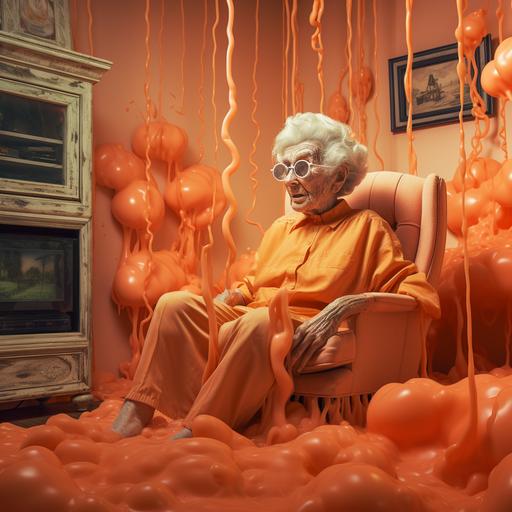 realistic grandma sitting in cartoon orange slime living room watching an old tv from her one chair
