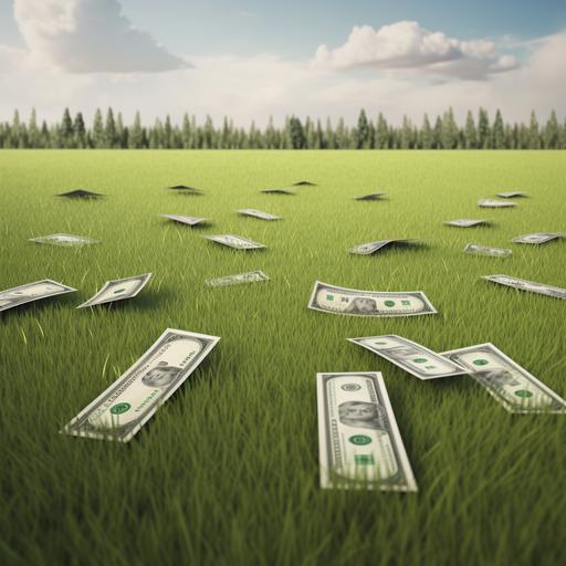 realistic grass at a distance with cartoon dollar bills laying on it. Camera pointed down toward the ground from above, just grass and cartoon dollar bills --v 5 --q 2 --s 50