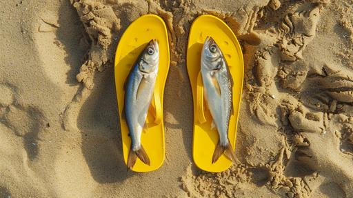 realistic herring fish inside yellow flip-flops on the sand, in the center of the frame, top view --ar 16:9 --v 6.0