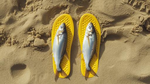 realistic herring fish inside yellow flip-flops on the sand, in the center of the frame, top view --ar 16:9 --v 6.0