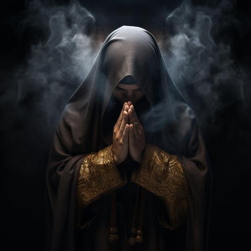 realistic, high quality photo someone praying, NO face, smoke and black background,
