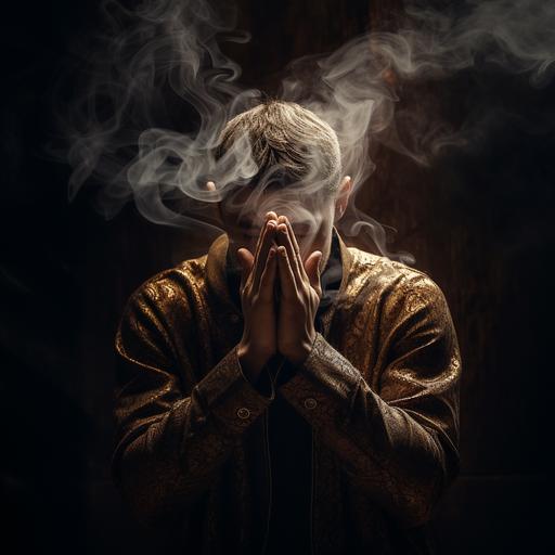 realistic, high quality photo someone praying, NO face, smoke and black background,