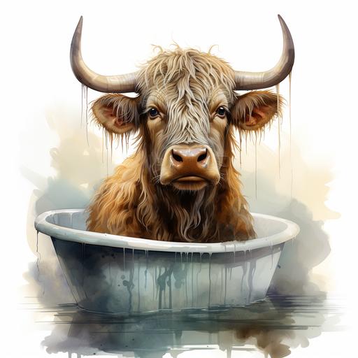realistic highland cow sitting in a white rustic antique bathtube which has feet, white backround --upbeta --s 750