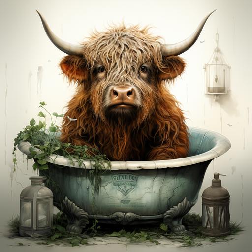 realistic highland cow sitting in a white rustic antique bathtube which has feet, white backround --upbeta --s 750